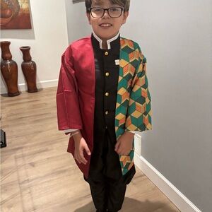 Red and Green Geometric Kimono Costume